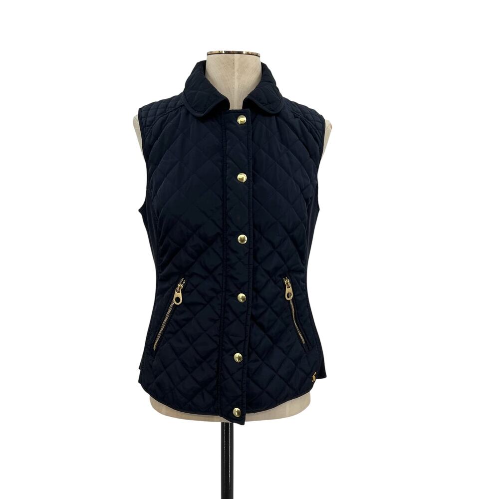 Joules Braemar Navy Blue Quilted Gilet Vest Gold Snap Zip Equestrian US 8